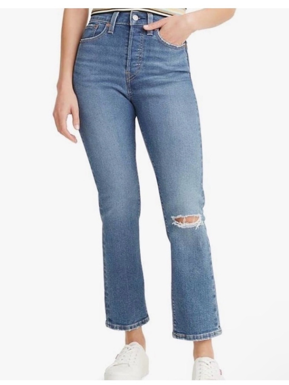 Levi's womens Wedgie Straight Jeans Medium Wash with Rip